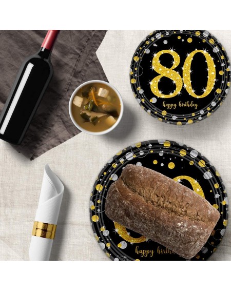 Tableware 80th Black and Gold Birthday Decorations Party Supplies Set for Women or Men- 24 Disposable 9 X 9 Inches Paper Dinn...