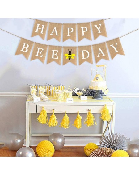 Banners & Garlands Burlap Happy Bee Day Banner Boy Girl Bumble Bee Themed Birthday Party Decoration - C418WN0YNDH $12.97
