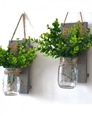 Indoor String Lights Rustic Wall Sconces - Mason Jars Sconce- Rustic Home Decor-Wrought Iron Hooks- Greenery Plant-and LED St...