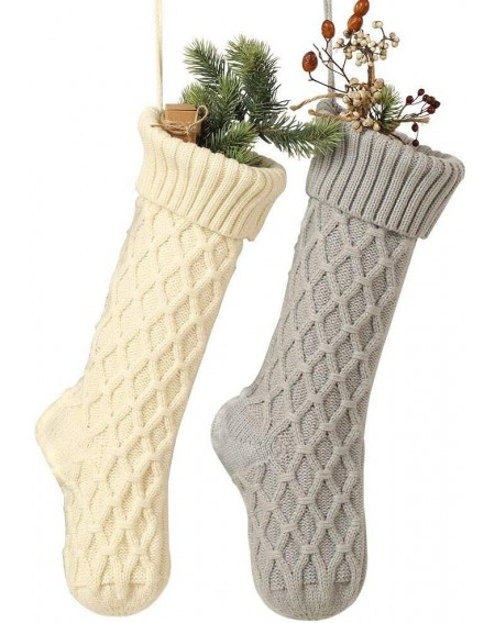 Stockings & Holders Cable Knit Christmas Stockings Kits Solid Color White and Gray Classic Decorations 18 Inches Set of 2 - W...