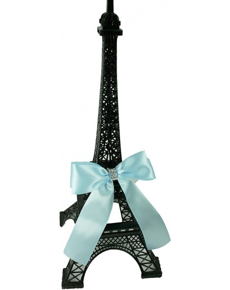 Centerpieces 6" Tall Black Metal Eiffel Tower Cake Topper with Satin Bow Designed with Rhinestones Choose Bow Color - Light B...