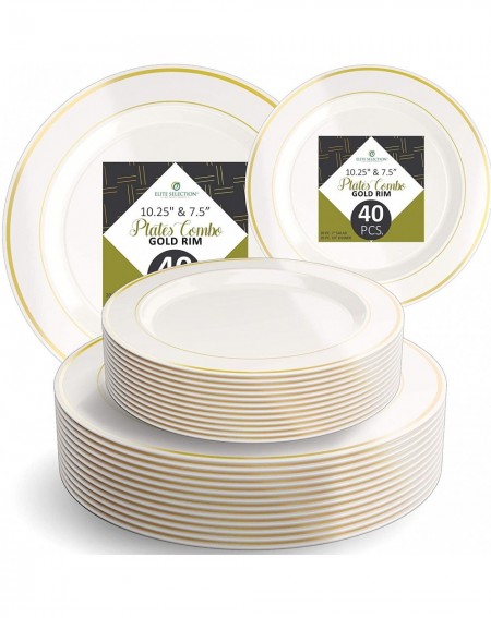 Tableware Disposable Plastic Plate Set - 40 Pack Cream Dinnerware with 10.25" Dinner and 7.5" Salad Plate with Elegant Gold D...