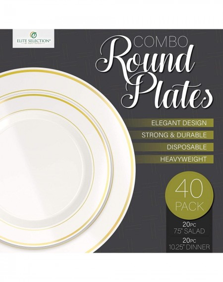 Tableware Disposable Plastic Plate Set - 40 Pack Cream Dinnerware with 10.25" Dinner and 7.5" Salad Plate with Elegant Gold D...