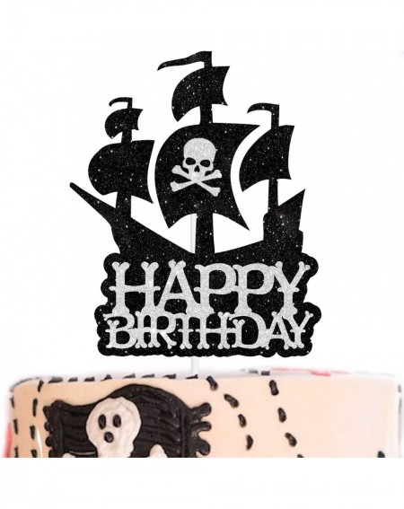 Cake & Cupcake Toppers Pirate Cake Topper Happy Birthday Black White Glitter Theme Decor for Kids Nautical Party Decorations ...