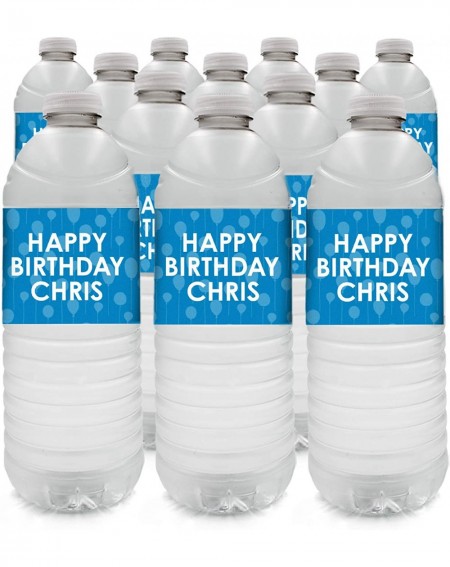 Favors Personalized Happy Birthday Party Water Bottle Labels with Name - 12 Stickers (Blue) - Blue - CN198ZUHEEE $8.56