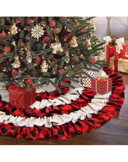 Tree Skirts Buffalo Plaid Christmas Tree Skirt 48 inches- 6 Layers Ruffled Red and Black Buffalo Check Christmas Tree Skirt B...