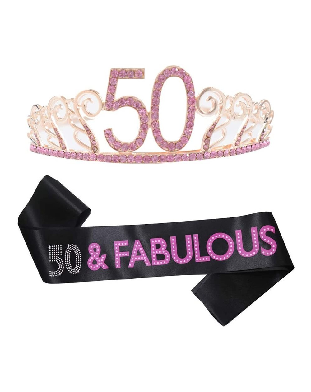 Party Packs 50th Birthday Pink Tiara and Sash- Happy 50th Birthday Decorations Party Supplies Favors- 50 & Fabulous Satin Sas...