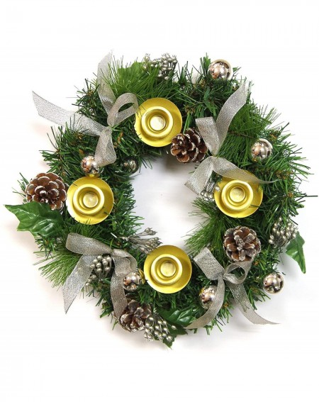 Christmas Advent Wreath with Silver Ribbon Accents and Gold Ring Candle Holder- Great Holiday Traditional Décor - C719K70E9MM