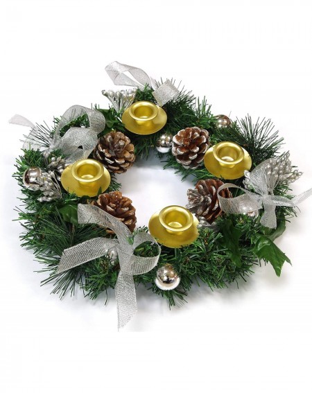 Candleholders Christmas Advent Wreath with Silver Ribbon Accents and Gold Ring Candle Holder- Great Holiday Traditional Décor...