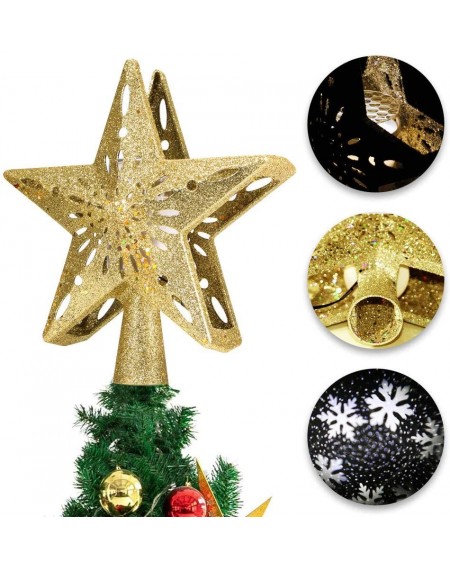 Tree Toppers Christmas Tree Topper with Rotating 3D Snowflake Projector- Gold Glitter Hollow Lighted Star Tree Topper for Xma...