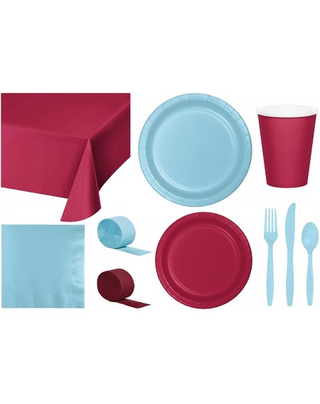 Party Packs Party Bundle Bulk- Tableware for 24 People Burgundy and Pastel Blue- 2 Size Plates Napkins- Paper Cups Tablecover...