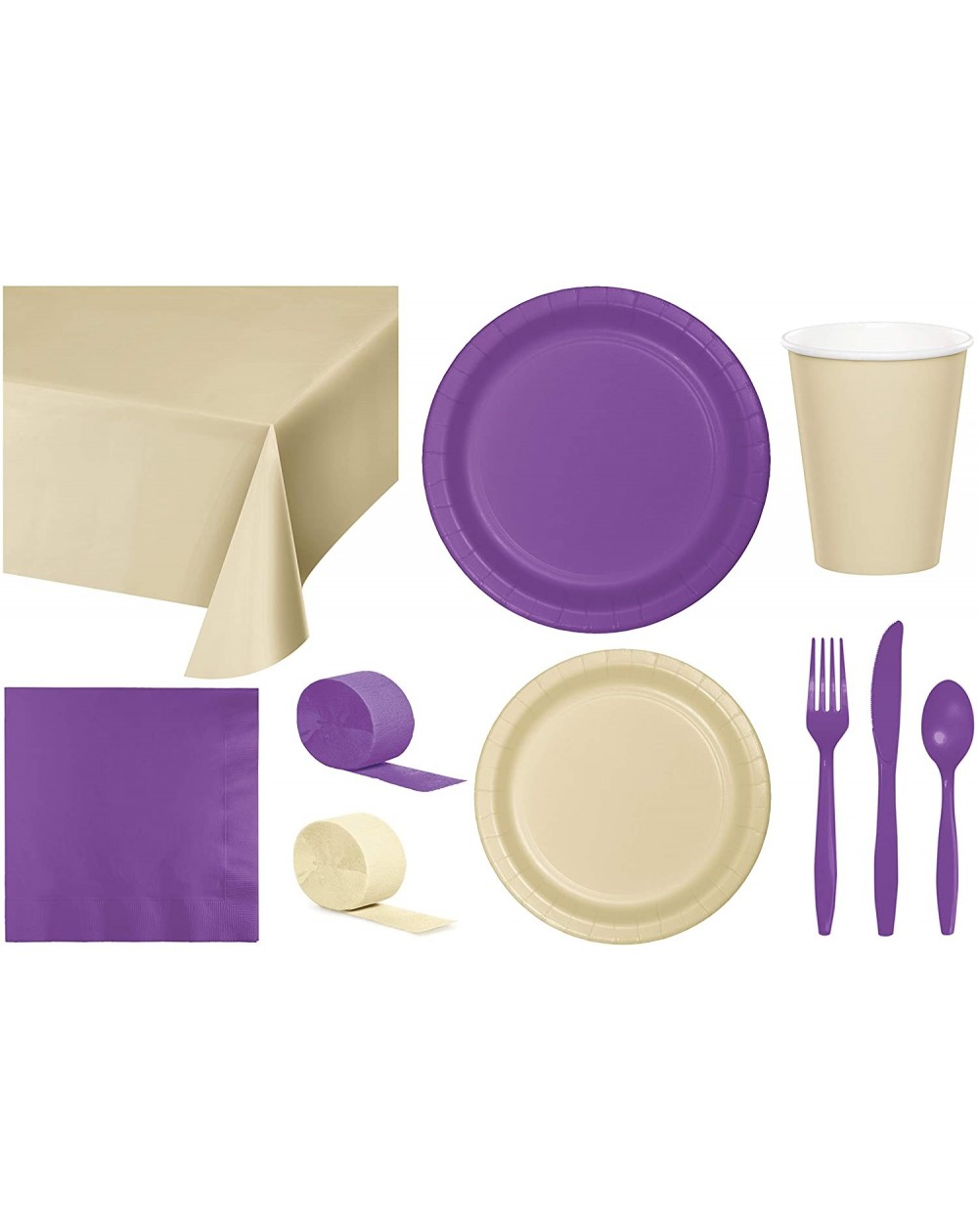 Party Packs Party Bundle Bulk- Tableware for 24 People Ivory and Amethyst- 2 Size Plates Napkins- Paper Cups Tablecovers and ...