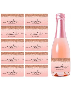 Favors Personalized Mini Champagne Wine Bottle Labels- Amelia's 21st Birthday- Blush Pink Faux Rose Gold Glitter Elegant- 20-...