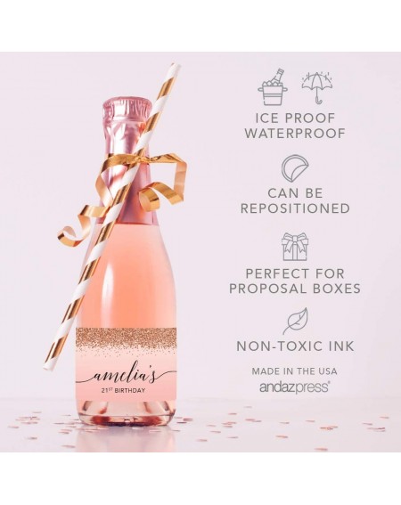 Favors Personalized Mini Champagne Wine Bottle Labels- Amelia's 21st Birthday- Blush Pink Faux Rose Gold Glitter Elegant- 20-...