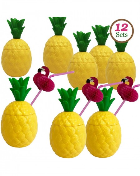 Party Packs 12-Pack Plastic Pineapple Cups with Flamingo Straws- Hawaiian Party Cups Luau Aloha Party Favor - CD18GIXCK6U $21.31