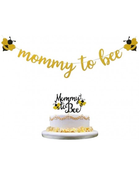 Banners Mommy To Bee Banner and Cake Topper with Star Garland- Gold Glitter and Black Decorations for Bumble Bee Themed Baby ...