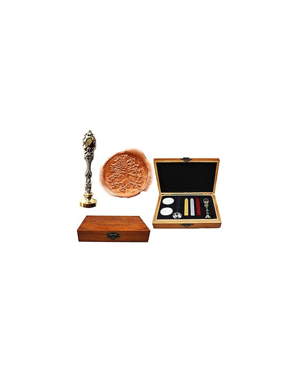 Invitations Vintage Tree of Life Wood Box Candle Melting Spoon Wax Stick Silver Seal Stamp Custom Monogram Letter Logo Decora...