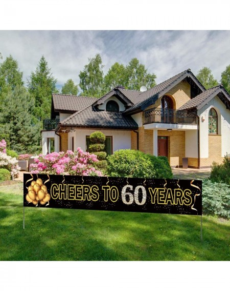 Banners & Garlands Large Cheers to 60 Years Banner- Black Gold 60 Anniversary Party Sign- 60th Happy Birthday Banner(9.8feet ...