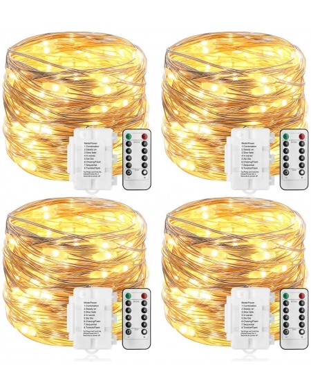 Outdoor String Lights Outdoor String Lights-4 Pack 36ft 100 LED Battery Operated Silver Lights 8 Modes Waterproof Fairy Light...