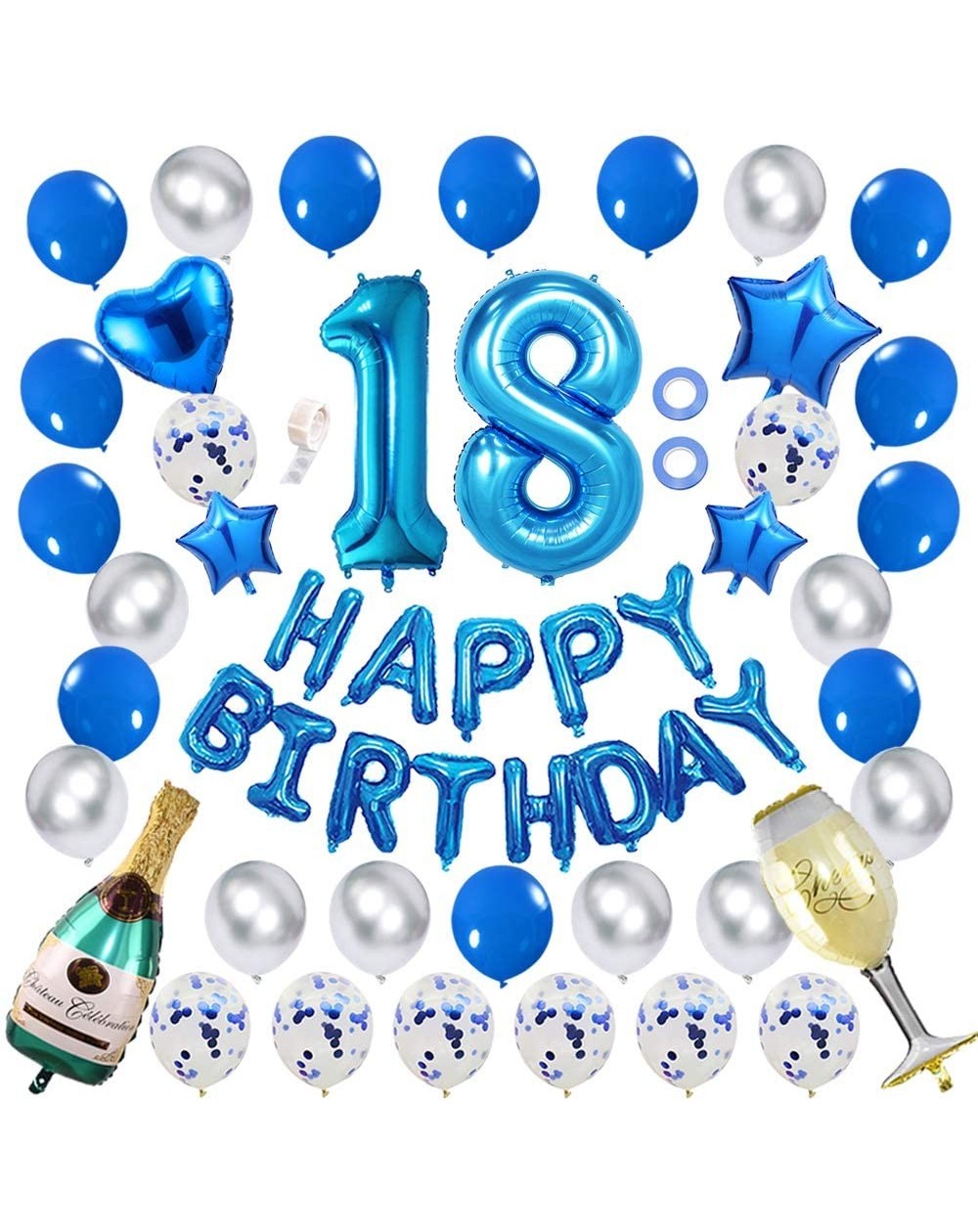 Balloons 18th Birthday Decoration Happy Birthday Banner Balloon Set Blue Number 18 Balloons Blue Confetti Latex Balloons Blue...