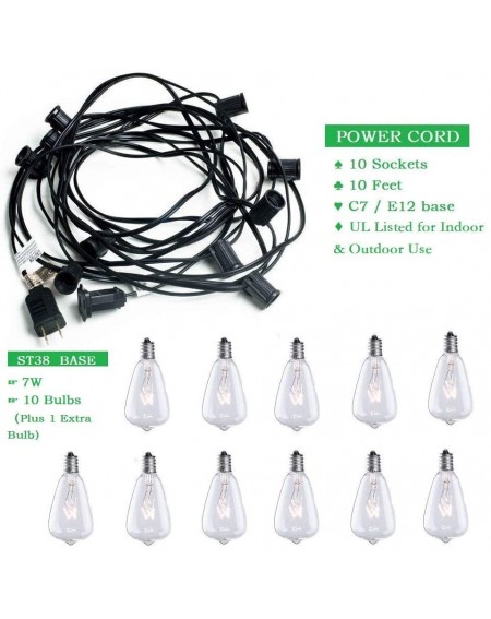 Outdoor String Lights ST38 10Ft Outdoor Indoor String Lights with 11 Clear Edison Bulbs UL Listed E12 Umbrella Lights for Por...