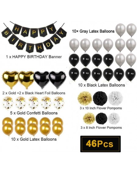 Balloons Black and Gold Party Decorations Happy Birthday Confetti Balloons with Banner-Star Heart Foil Balloons-Paper Pompoms...