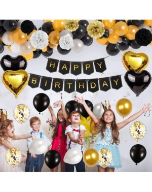 Balloons Black and Gold Party Decorations Happy Birthday Confetti Balloons with Banner-Star Heart Foil Balloons-Paper Pompoms...