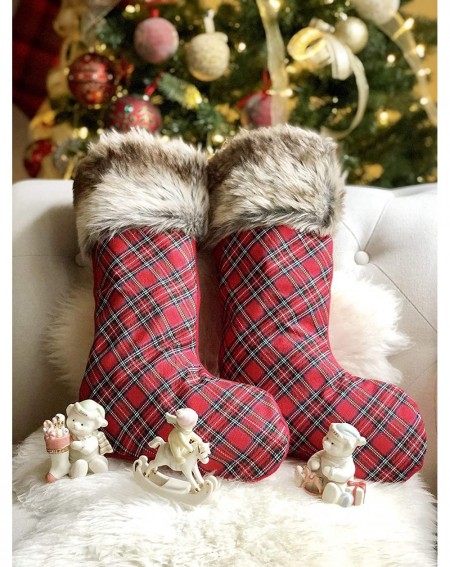Indoor String Lights Classic Traditional Plaid Christmas Navidad Stockings - 2 Pcs 19" - Red Plush Faux Fur Cuff Stocking - C...