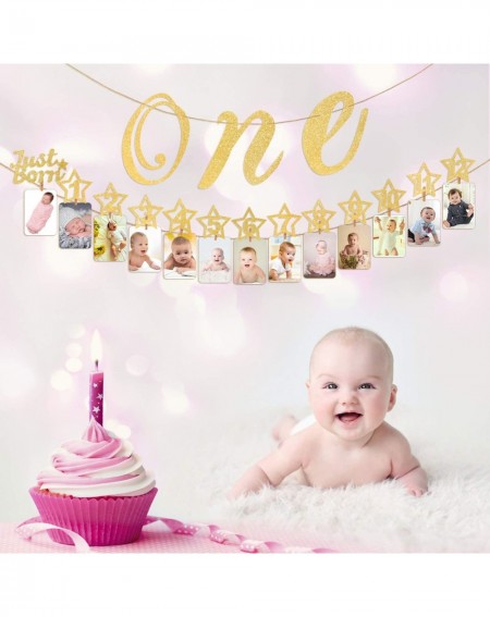 Banners & Garlands 1st Birthday Photo Banner with High Chair Glitter Gold ONE Decoration- Monthly Milestone Baby Boy Girl Pho...