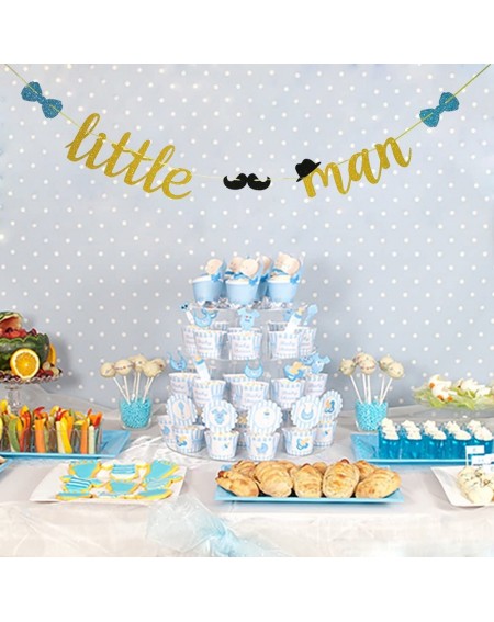 Banners & Garlands Little Man Gold Glitter Banner Sign with Mustache Bowtie Hat for Baby Shower Supplies Decorations - CH189X...