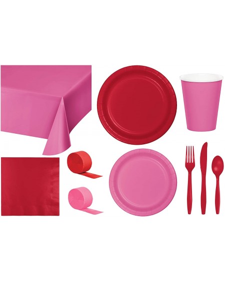 Party Packs Party Bundle Bulk- Tableware for 24 People Candy Pink and Red- 2 Size Plates Napkins- Paper Cups Tablecovers and ...