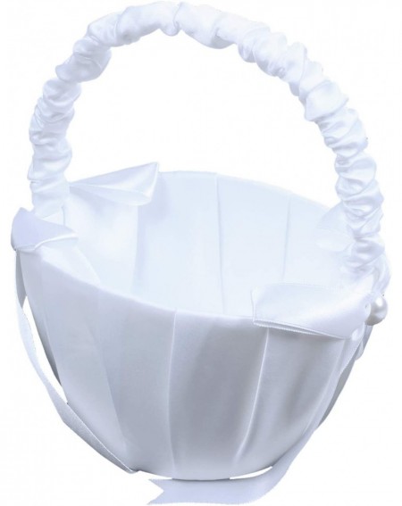 White Satin Beaded Wedding Flower Girl Basket Bowknot Decor - CP190L0EY8Q