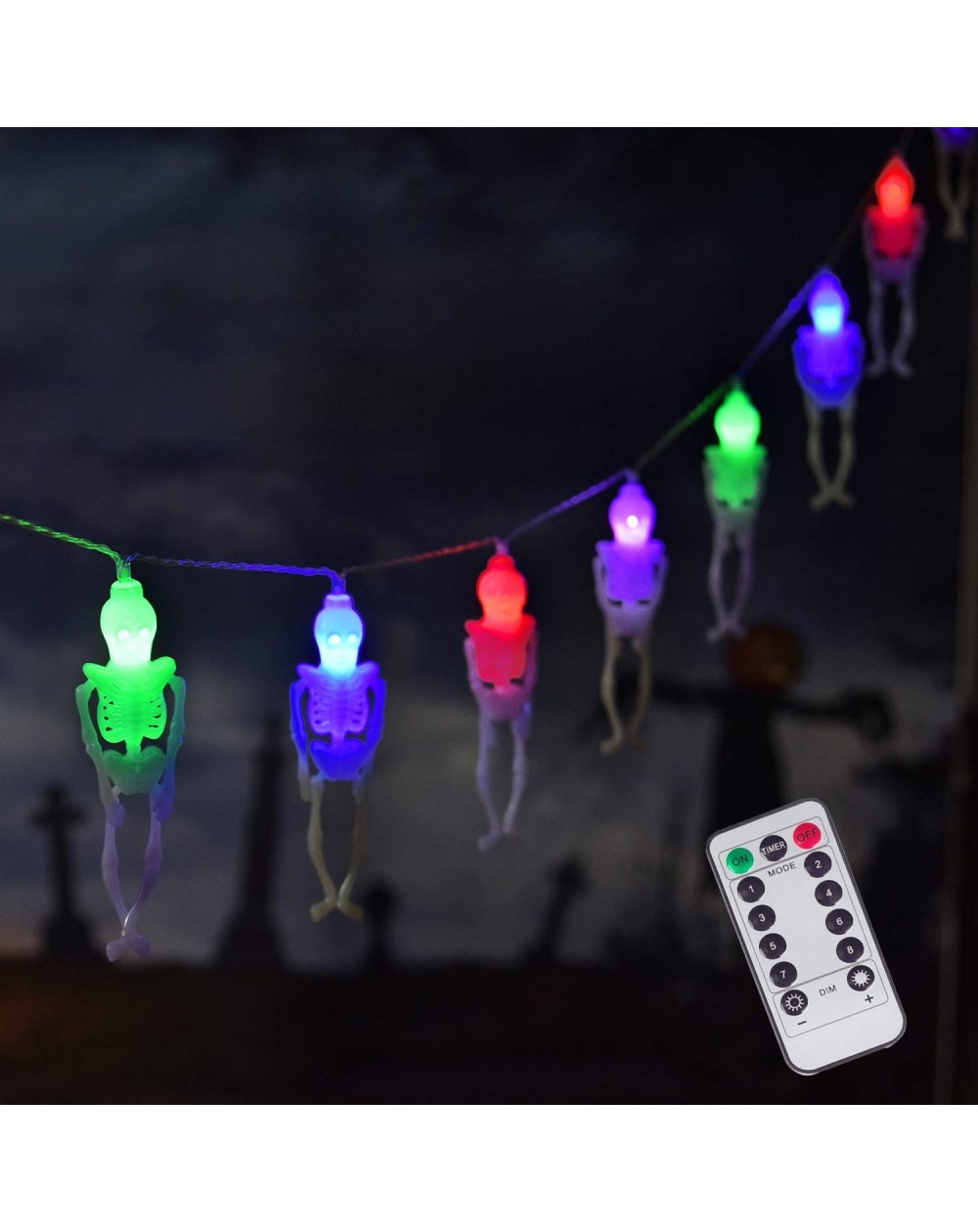 Outdoor String Lights 15 LED Halloween Skull String Lights- 8 Modes Fairy Lights with Remote- Battery Operated Halloween Ligh...
