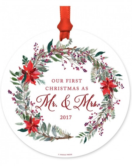 Ornaments Custom Year Wedding Metal Christmas Ornament- Our First Christmas As Mr. and Mrs. 2020- Red and Green Holiday Wreat...