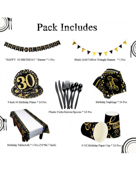 Party Packs 30th Birthday Paper Plates and Napkins Black and Gold Tableware with Banners-Paper Birthday Plates- Napkins- Cups...