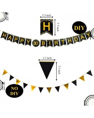 Party Packs 30th Birthday Paper Plates and Napkins Black and Gold Tableware with Banners-Paper Birthday Plates- Napkins- Cups...
