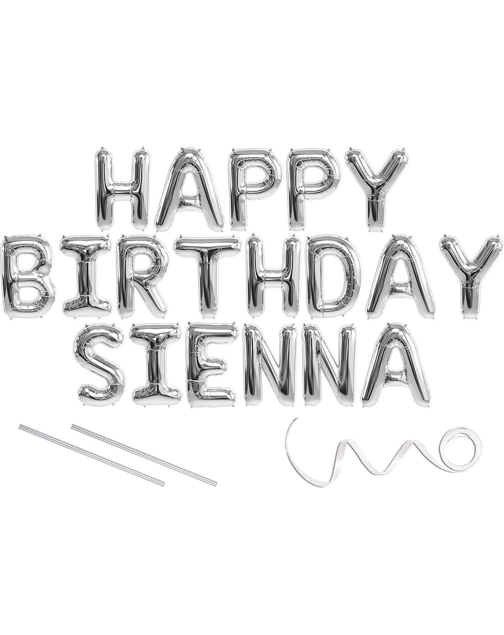 Balloons Sienna- Happy Birthday Mylar Balloon Banner - Silver - 16 inch Letters. Includes 2 Straws for Inflating- String for ...